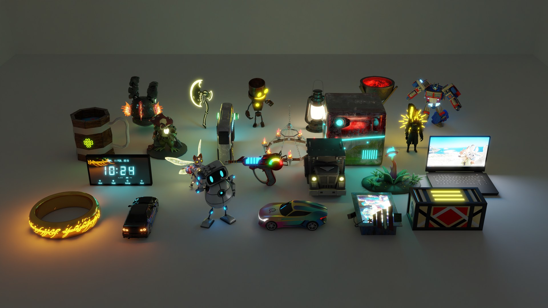 A collection of LightGenBench shapes in a dark room with their emission on: a glowing ring, lamps, robots, a clock, a laptop and a ray gun.